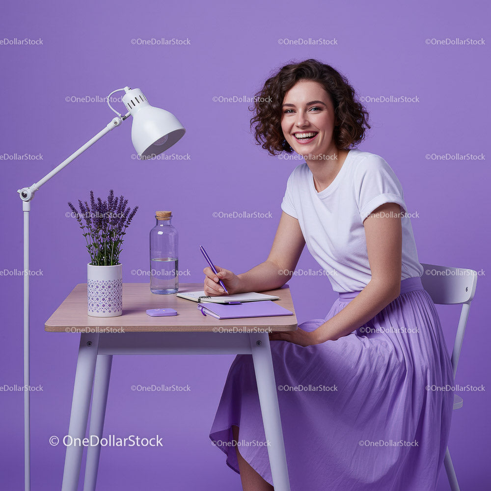 Happy Woman Writing Notes in a Stylish Purple Workspace