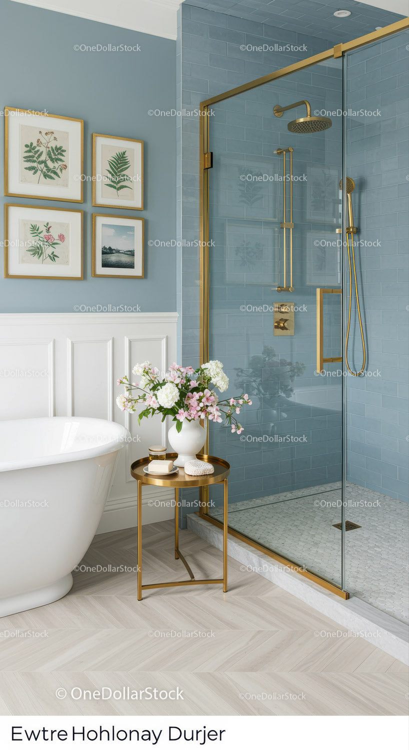 Elegant bathroom with blue tiles and gold accents