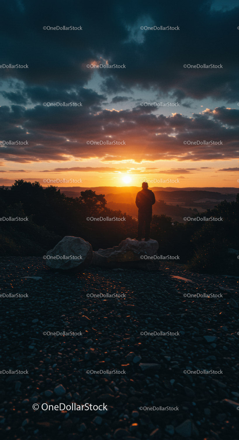 Lone person observing golden sunset over mountain landscape