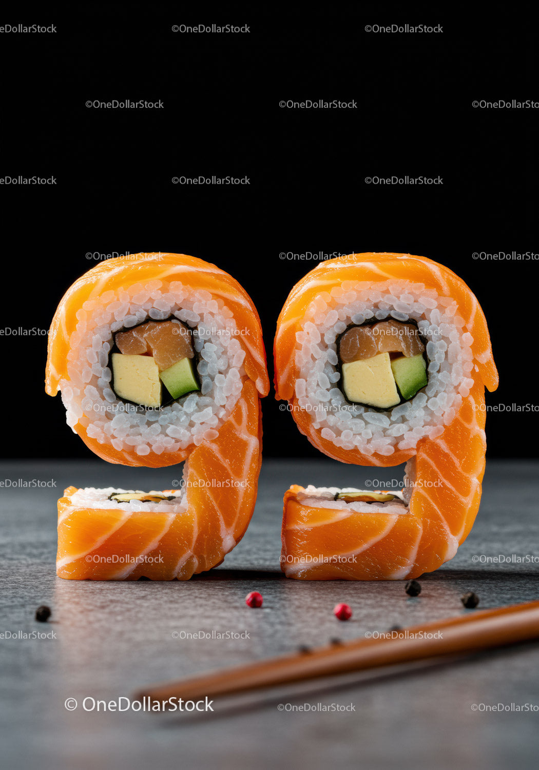 Kreatywne rolki sushi w kształcie cyfry dziewięćdziesiąt dziewięć