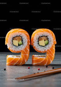 Creative sushi rolls shaped as number ninety nine