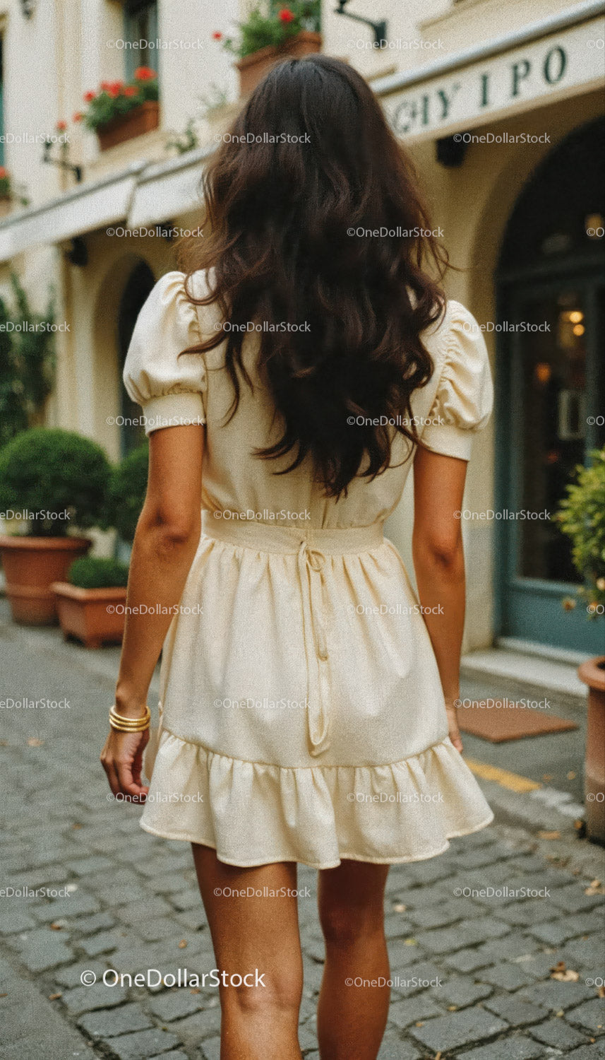 Stylish woman in beige summer dress walking on city street