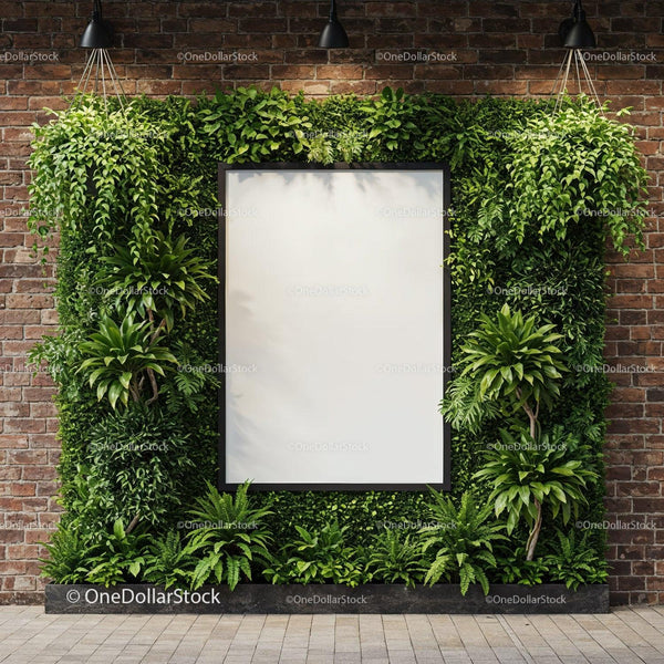 Vertical garden with blank frame on brick wall JPG Mockup Image