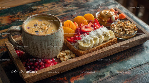 Colorful Fruit Toast with Berries and Granola on Rustic Wooden Tray