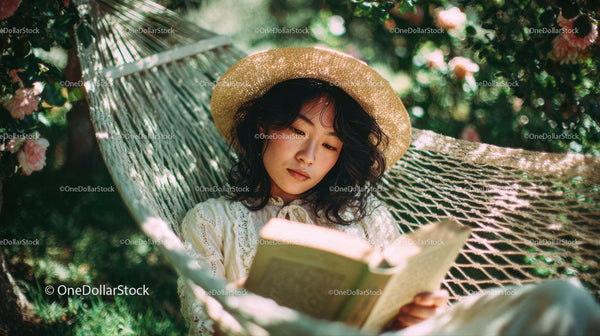 Young Woman Relaxing in Hammock Reading Outdoors Among Greenery