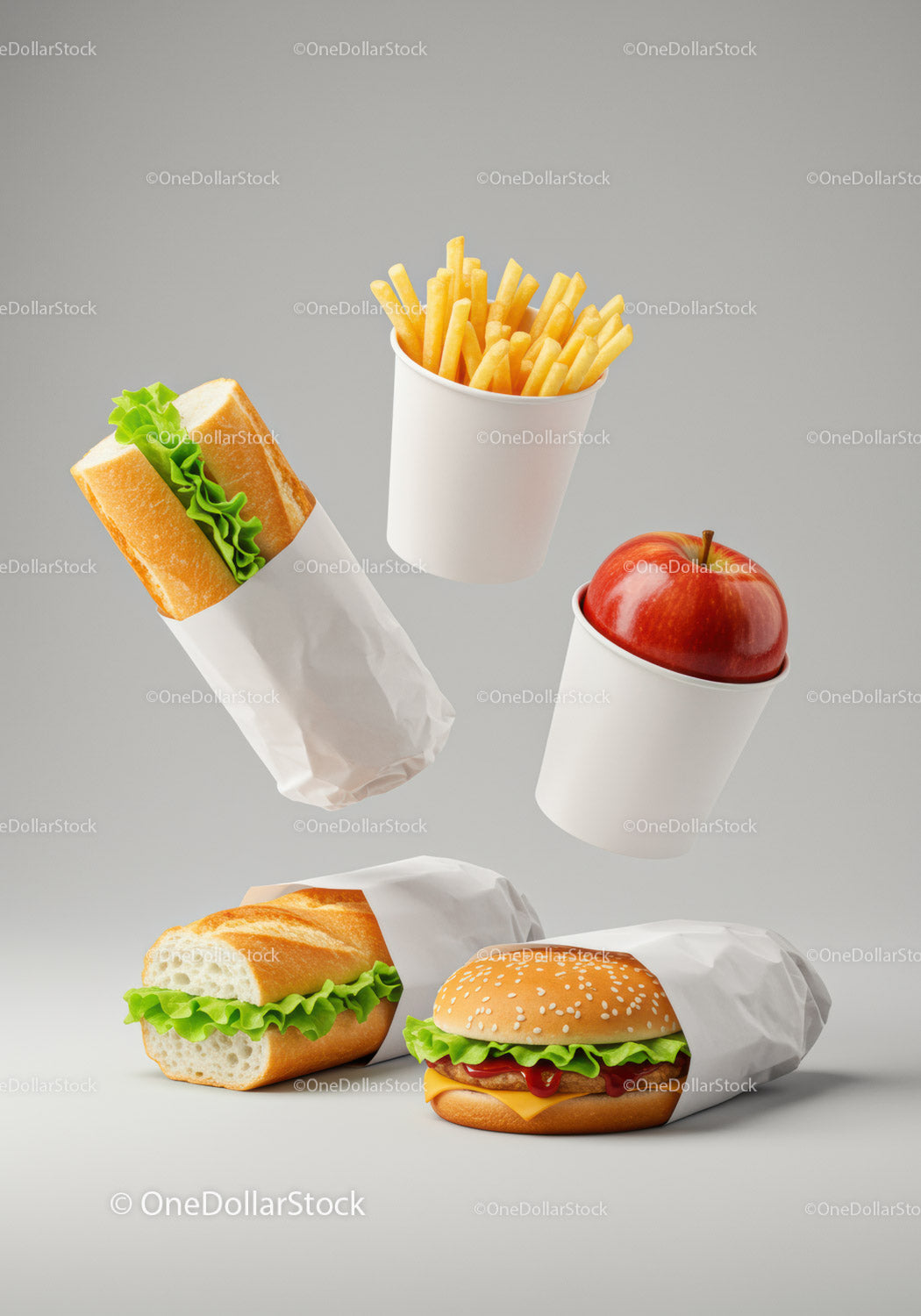 Classic fast food set with sandwich burger fries and apple