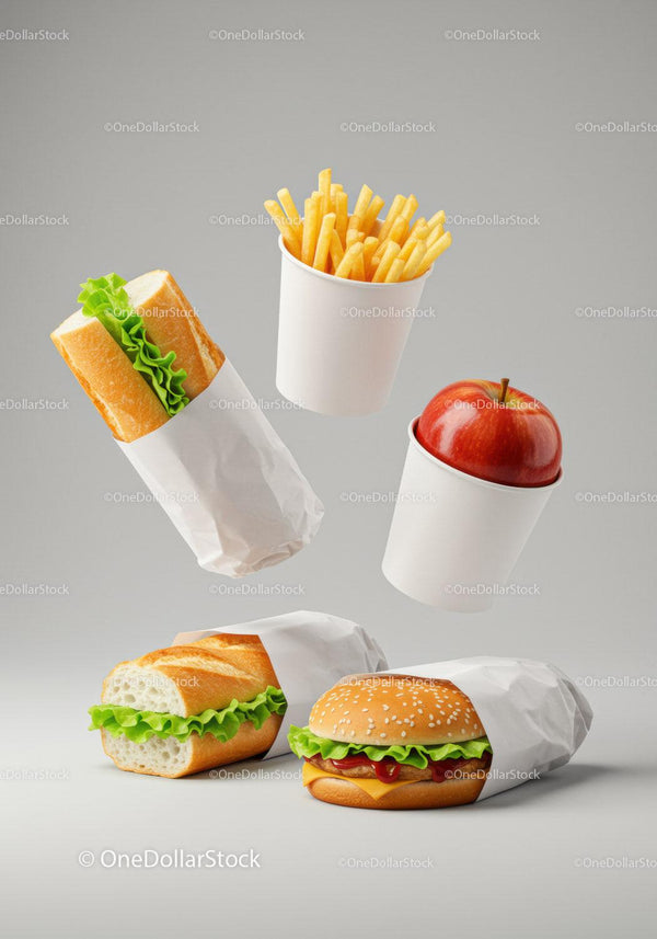 Classic fast food set with sandwich burger fries and apple