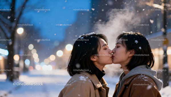 Couple sharing a tender kiss in snowy winter evening