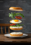 Fried egg and arugula sandwich ingredients floating