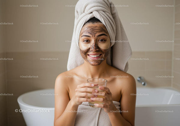 Woman with Facial Mask and Towel Wrap in Spa Relaxation Setting