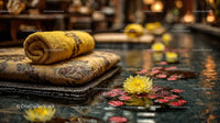 Relaxing Spa Setting with Bamboo Towels and Lotus Flower