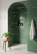Modern Bathroom Shower Niche with Green Tiles and Brass Fixtures