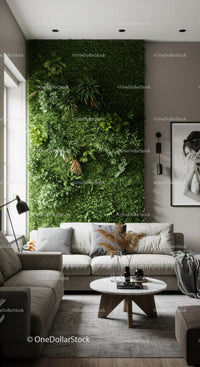 Stylish Green Indoor Garden Wall in Modern Living Room with Cozy Sofa
