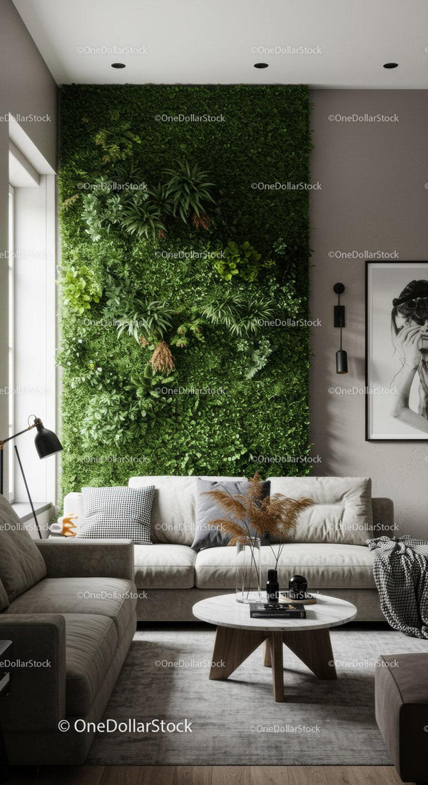 Stylish Green Indoor Garden Wall in Modern Living Room with Cozy Sofa