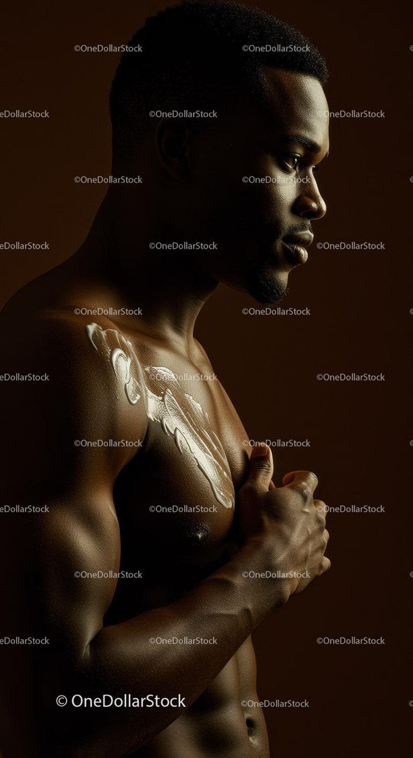 African Man with Muscular Build and Contemplative Expression in Artistic Studio Portrait