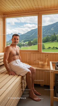 Relaxing Man Sitting in Wooden Sauna with Mountain View
