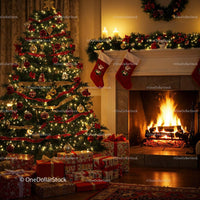 Cozy Christmas night with decorated tree and fireplace