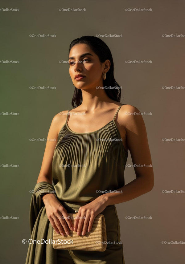 Elegancka kobieta w oliwkowej jedwabnej bluzce z beżową kopertówką