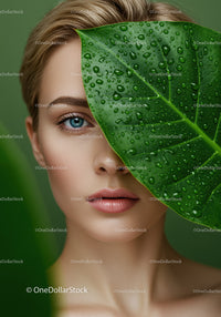 Close-Up Portrait of Woman with Blue Eyes and Large Tropical Leaf