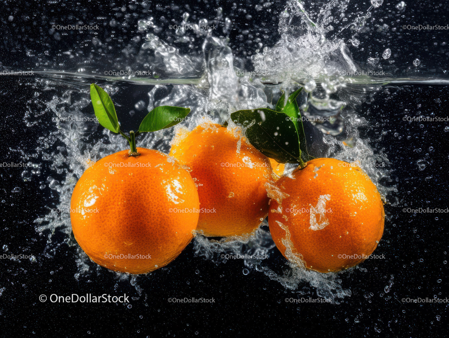 Vibrant Oranges Splashing into Water with Fresh Leaves
