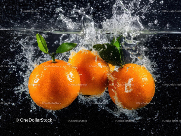 Vibrant Oranges Splashing into Water with Fresh Leaves