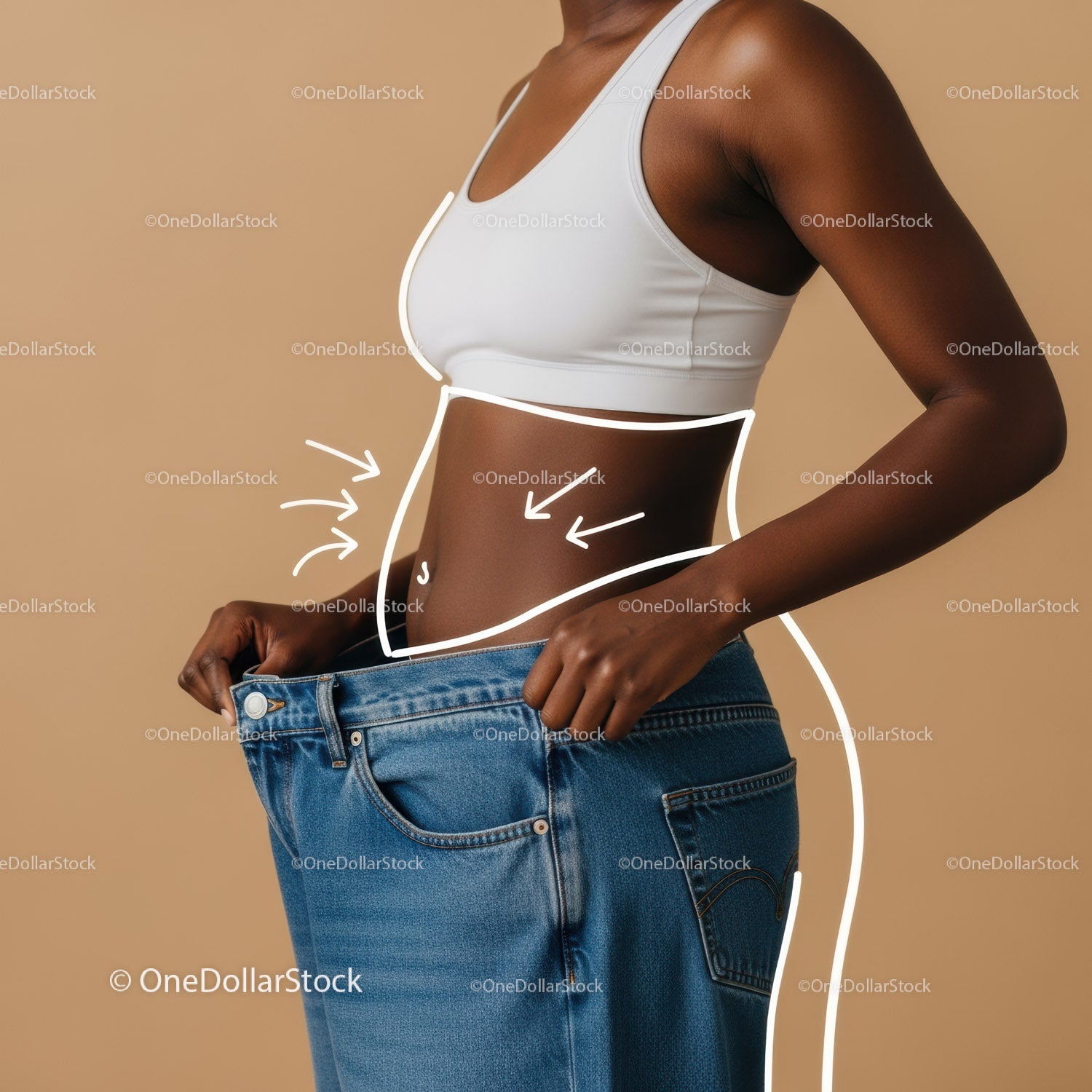 Woman in Jeans Measuring Waist with Handful of Blue Jeans in Studio