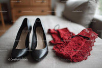 Chic Black Heels and a Red Lace Dress in a Cozy Bedroom Setting