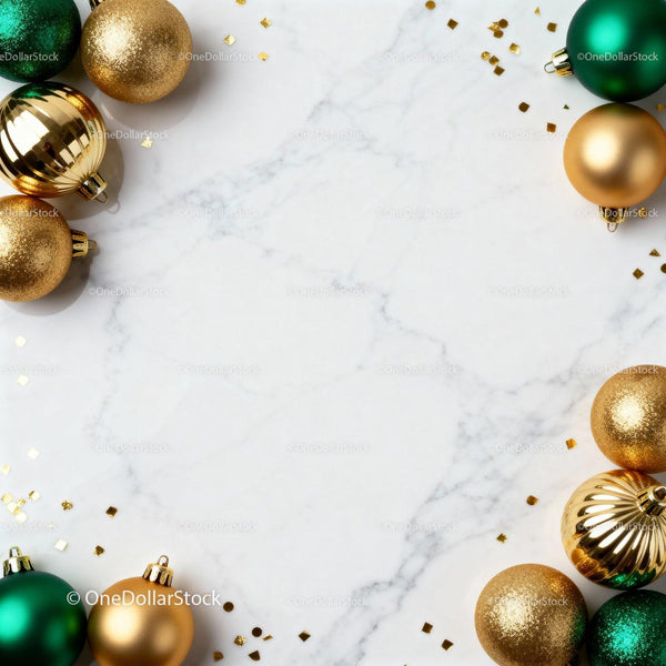 Gold and green Christmas baubles on marble surface