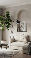 Cozy modern living room with green plant and soft lighting
