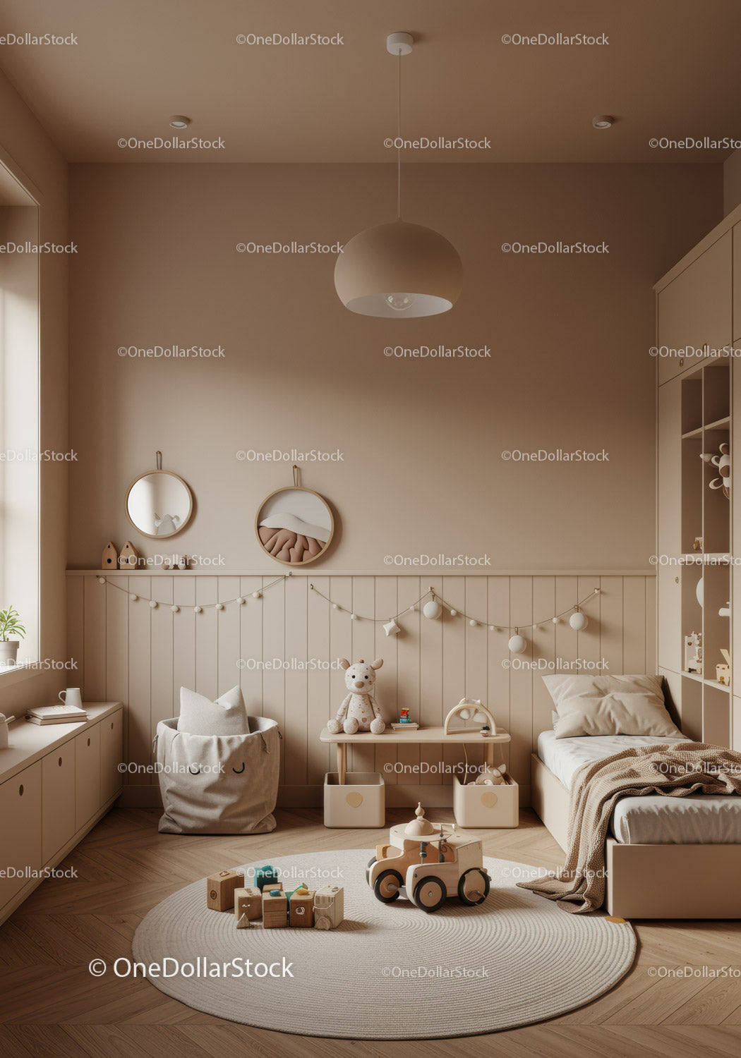 Minimalist Bedroom with White Bed and Wooden Toy Car in Cozy Nursery