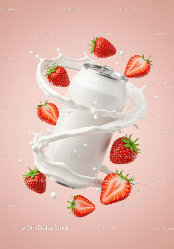 Refreshing soda can with strawberries and swirling milk splash JPG Mockup Image