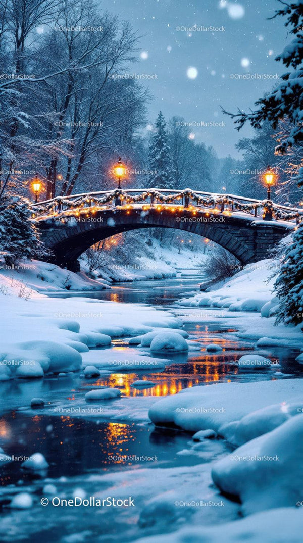 Snowy Bridge with Warm Lanterns Reflecting on River