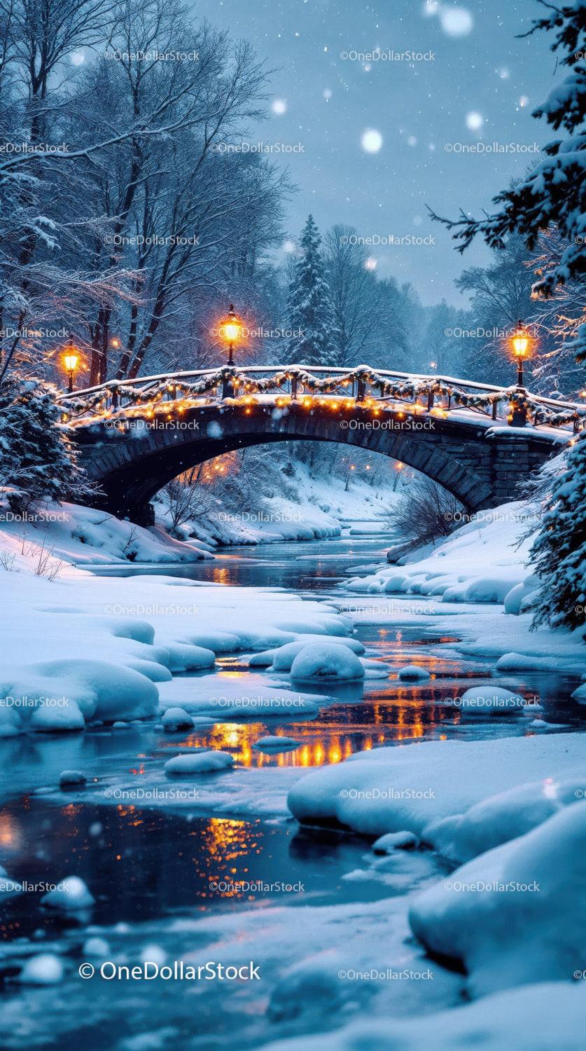 Snowy Bridge with Warm Lanterns Reflecting on River