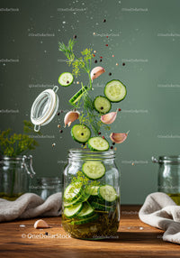 Fresh Ingredients Flying into Glass Jar for Pickling