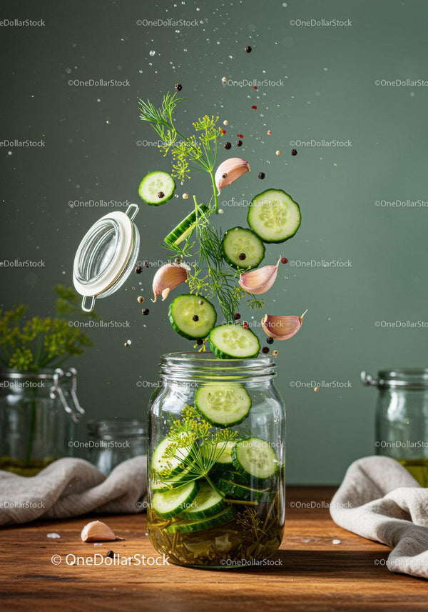 Fresh Ingredients Flying into Glass Jar for Pickling