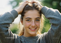 Smiling Woman Enjoying Outdoors in Autumn Setting with Green Foliage
