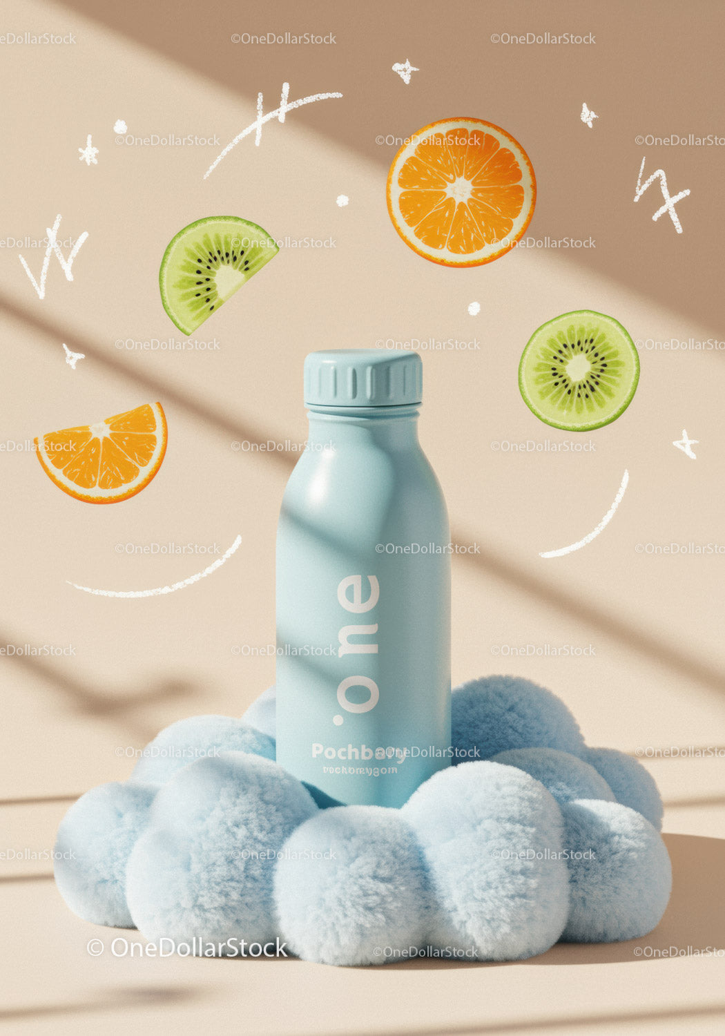 Blue Bottle Surrounded by Soft Pom Poms and Fruit Slices