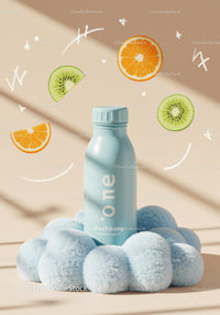 Blue Bottle Surrounded by Soft Pom Poms and Fruit Slices