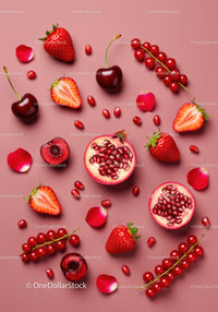 Assorted red fruits and flower petals on pink background