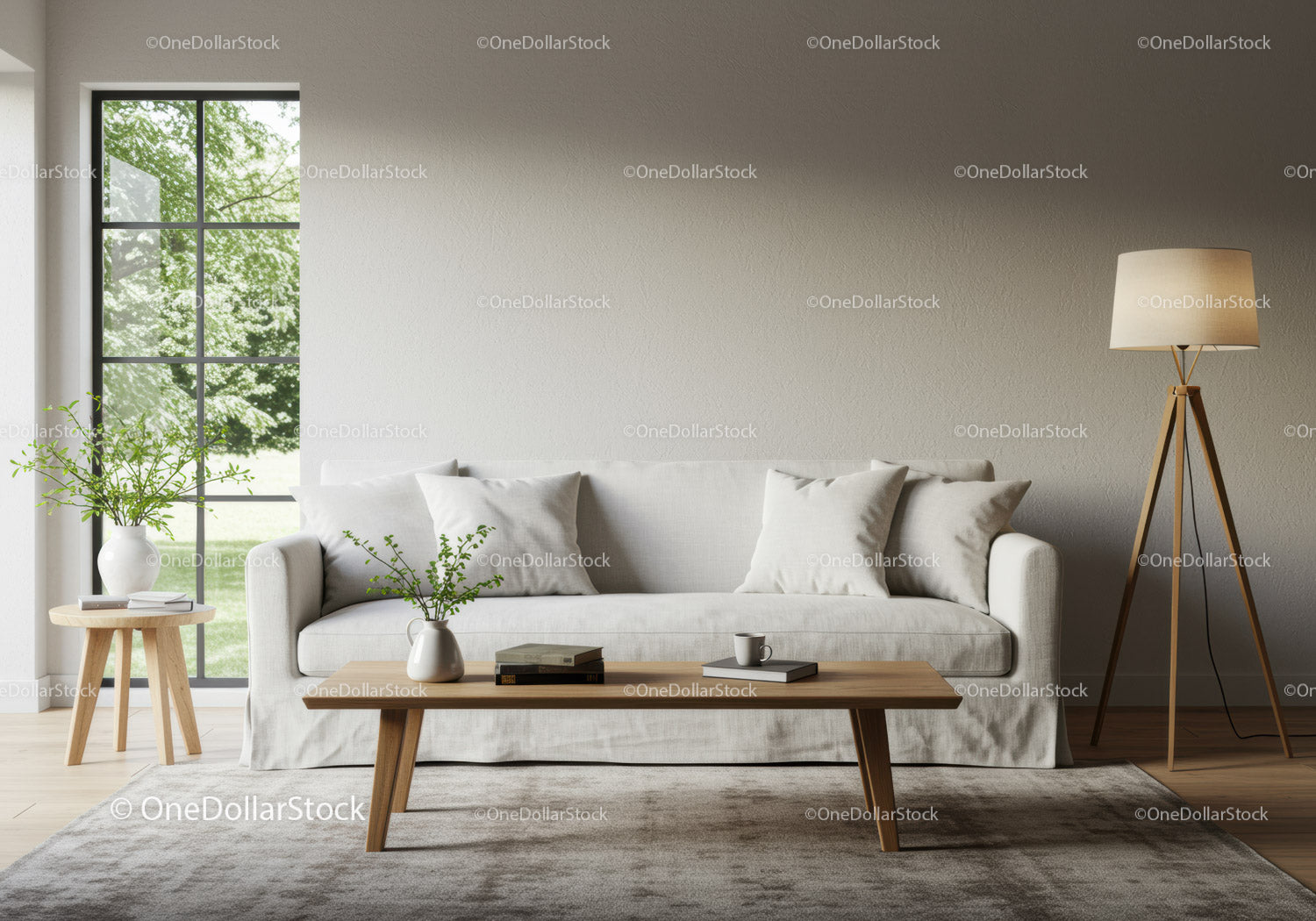 Minimalistyczny salon z naturalnym światłem i wygodną sofą