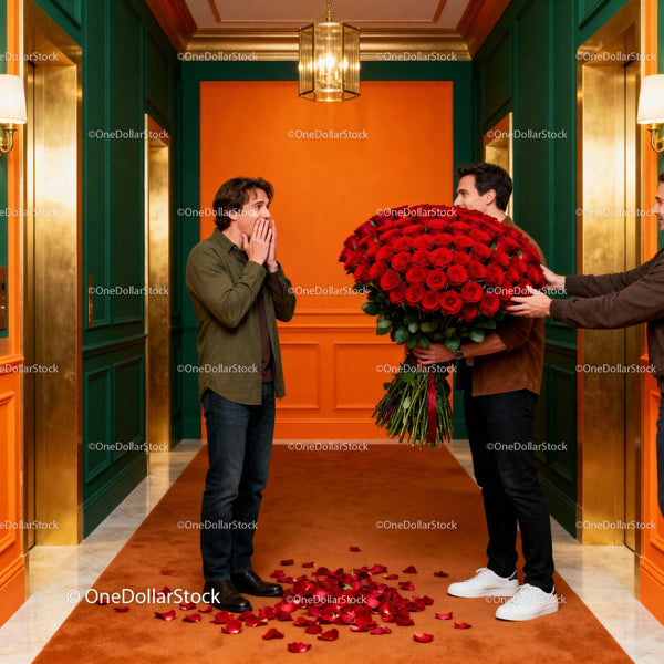 Surprised man receives giant bouquet of red roses