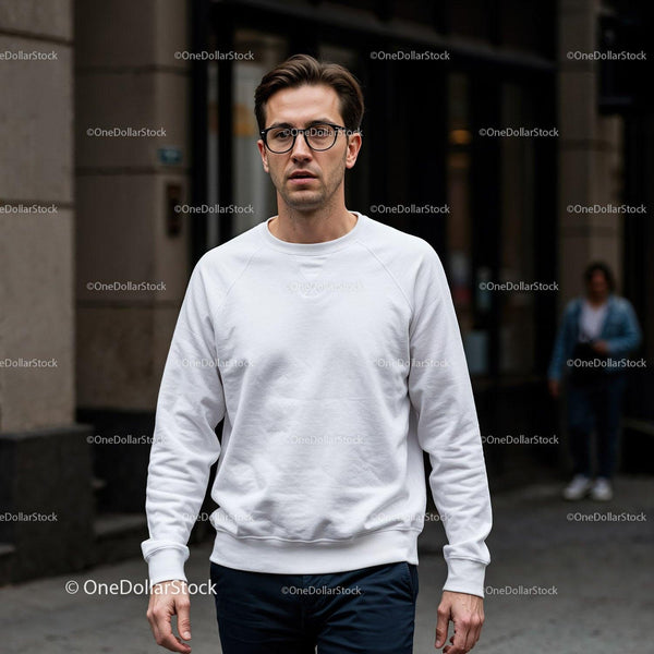 Young man walking outdoors in casual white sweatshirt JPG Mockup Image