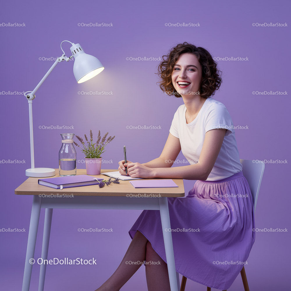 Happy Woman Writing Notes in a Stylish Purple Workspace