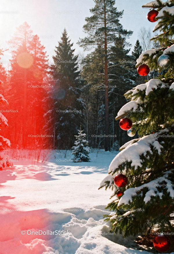 Snowy Forest Landscape with Decorated Christmas Tree