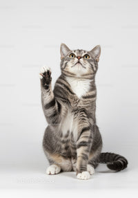 Playful tabby cat raising paw on white background