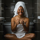 Smiling Woman Relaxing in Bathroom with Hot Beverage After Shower