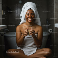 Smiling Woman Relaxing in Bathroom with Hot Beverage After Shower