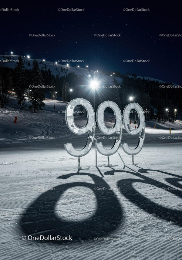 Snowy illuminated 999 sign on winter mountain slope