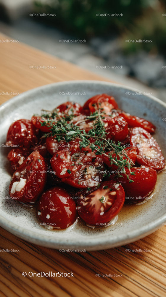 Fresh Cherry Tomatoes with Herbs on Rustic Plate for Healthy Eating