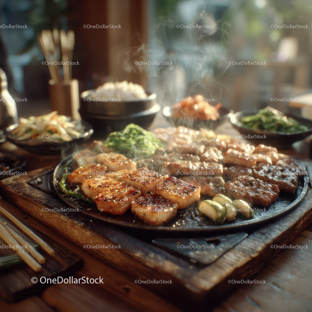 Hot Sizzling Grilled Meat on Wooden Serving Board in Rustic Kitchen